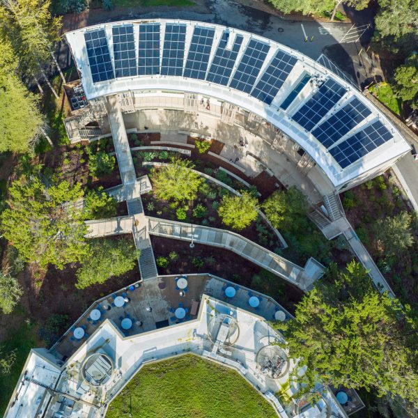 Aerial view of solar panel covered school