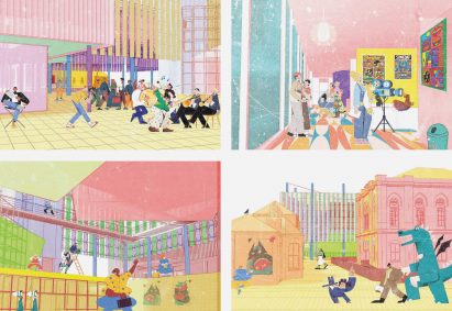 Animation still cuts of a museum for cinema