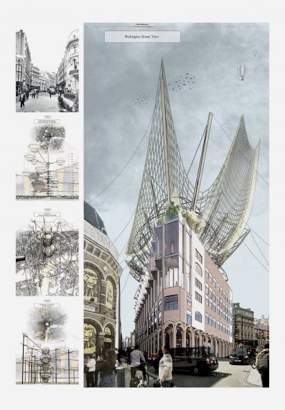 Board showing architectural sketches, diagrams and visualisation of a data centre