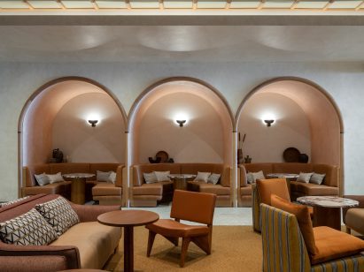 Booths in cocktail lounge of hotel designed by Luchetti Krelle