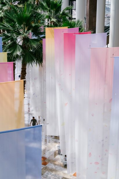 Close up of cloth banners in Brookfield Place mall