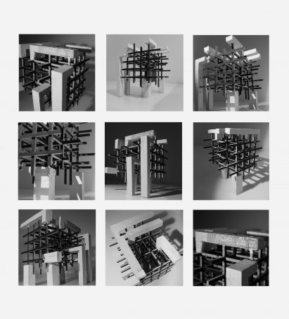 Nine black and white square images of model with grid-like structure