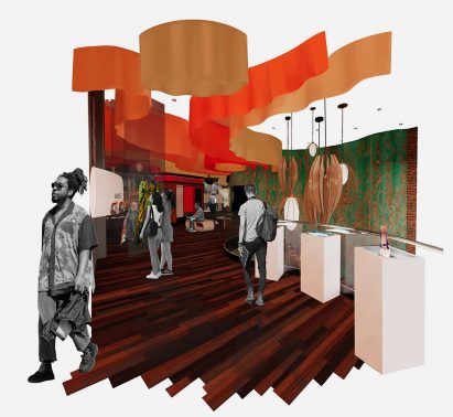 Visualisation showing people in mixed-use interior