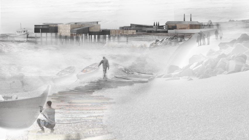 Visualisation showing seaside environment with boats and building on stilts in background