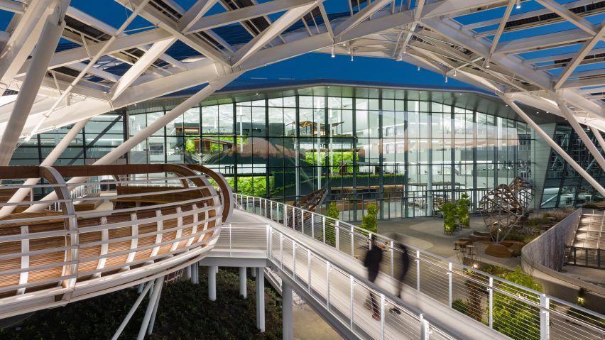 People walking on elevated pathway