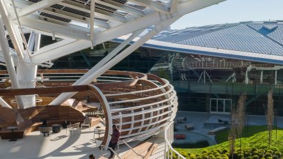 An elevated outdoor seating area in Silicon Valley