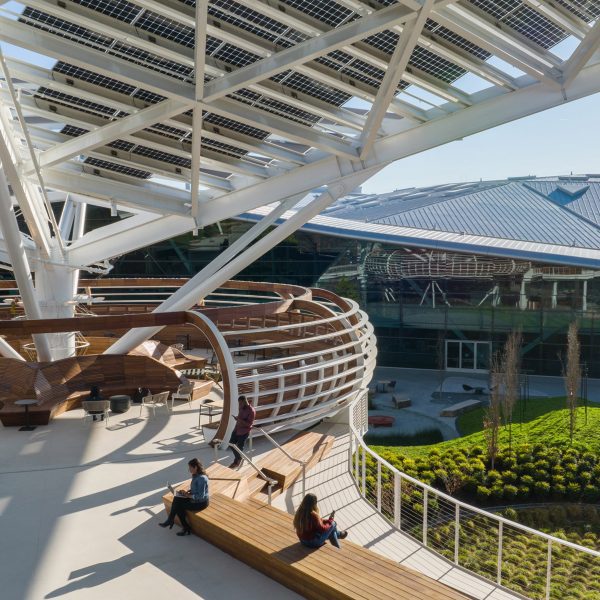 An elevated outdoor seating area in Silicon Valley