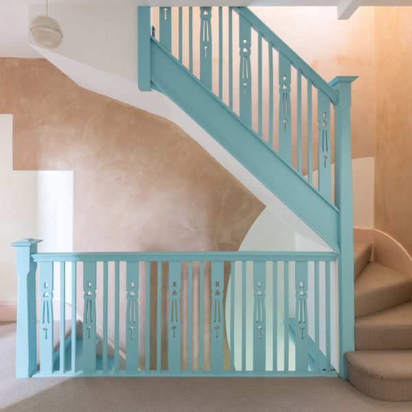 bllue aqua staircase in pink stairwell