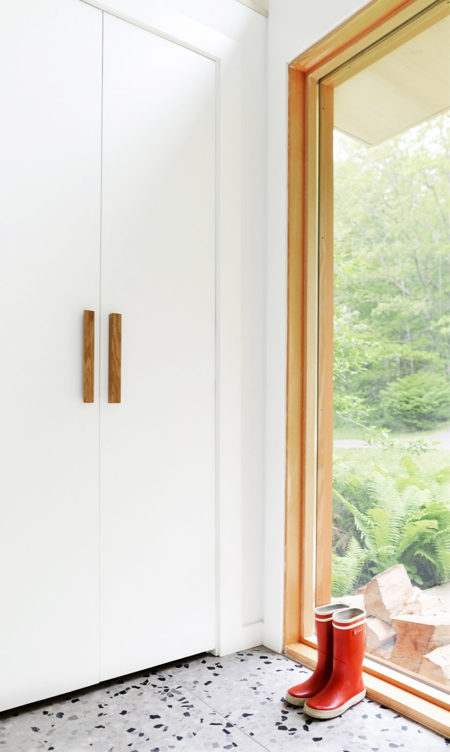 Storage room with white wall storage and glazed door