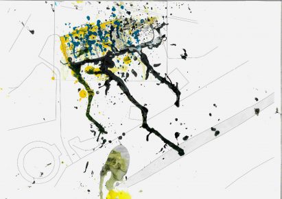 Diagrammatic painting over plan drawing of a multi-functional inclusive space