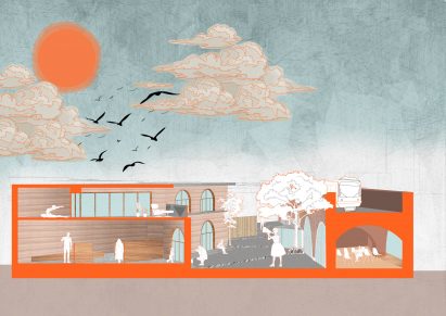 Perspective section drawing of an ecomuseum in Catford, England.