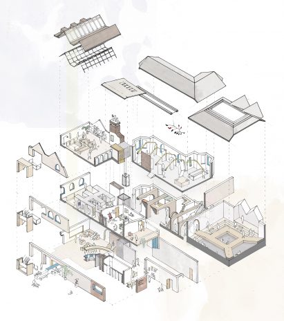 Exploded architectural drawing of an art centre interior