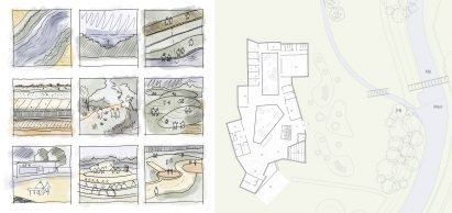 Diagrammatic sketches and plan drawing of a health and wellness centre.