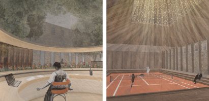 Two perspective visualisations of multi-use co-working facility interior