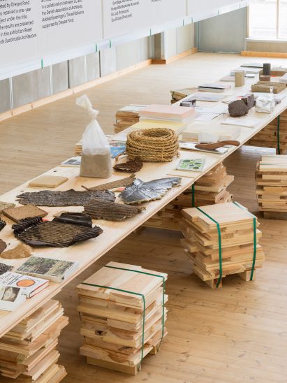 Table of materials samples at Reset Materials exhibition at Copenhagen Contemporary