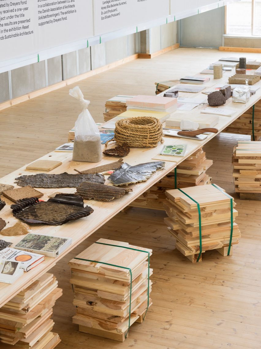 Table of materials samples at Reset Materials exhibition at Copenhagen Contemporary