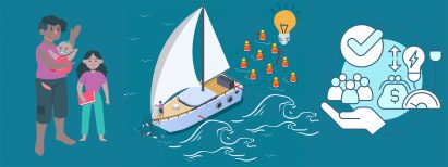 Three digital illustrations on a blue background