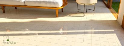 Rendering of room floor covered with tiles made with eggshell waste