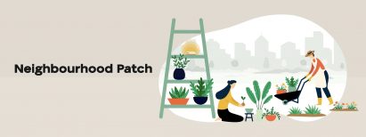 Digital illustration of two people gardening in front of a cityscape