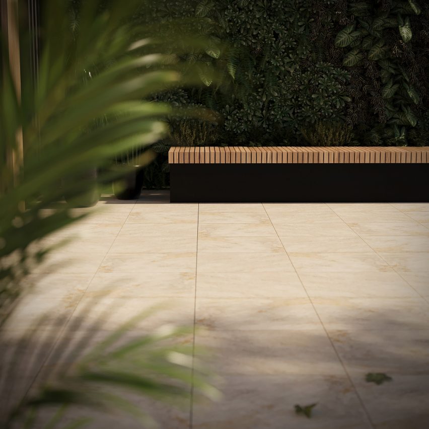 Honey-coloured tiles on outdoor terrace