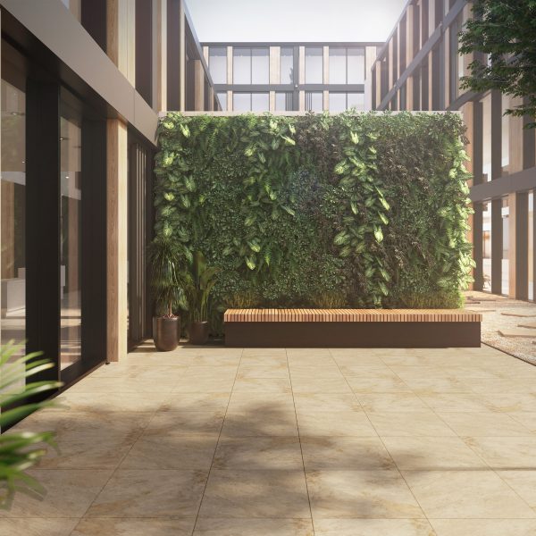 Honey-coloured tiles on outdoor terrace