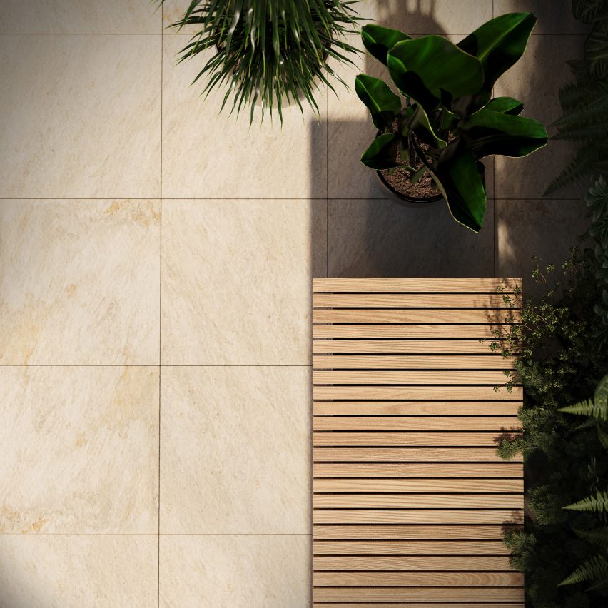 Honey-coloured tiles on outdoor terrace
