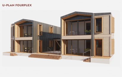 Rendering showing exterior of residential building consisting of four duplex apartments
