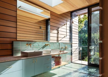 Wood-lined bathroom interior