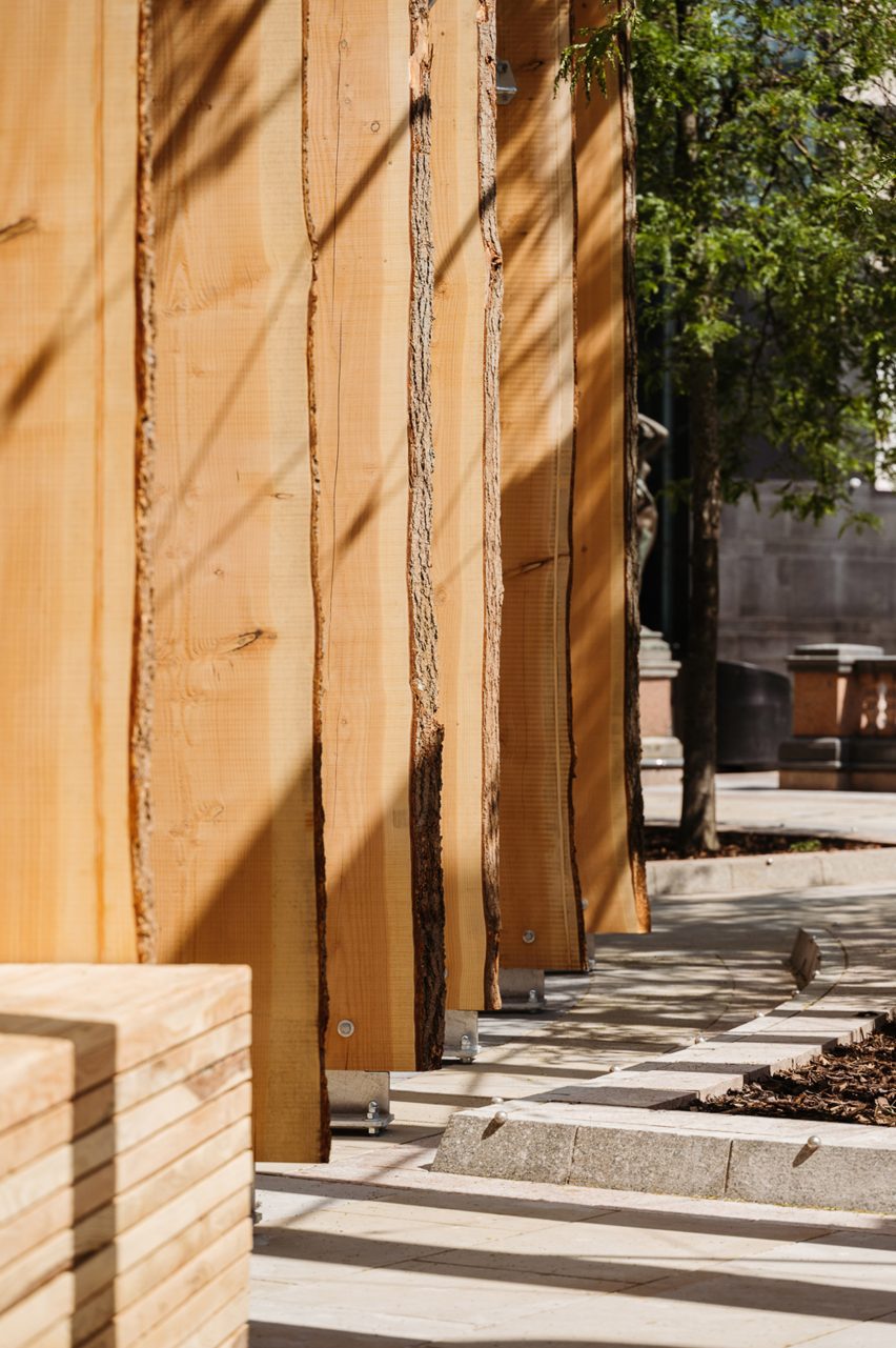 Close up of Douglas Fir timber Making A Stand installation