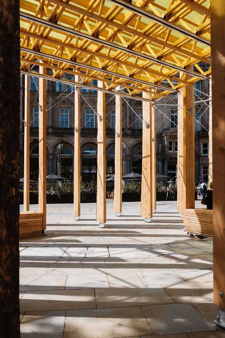 Steel rods and canopy roof at centre of Making A Stand installation