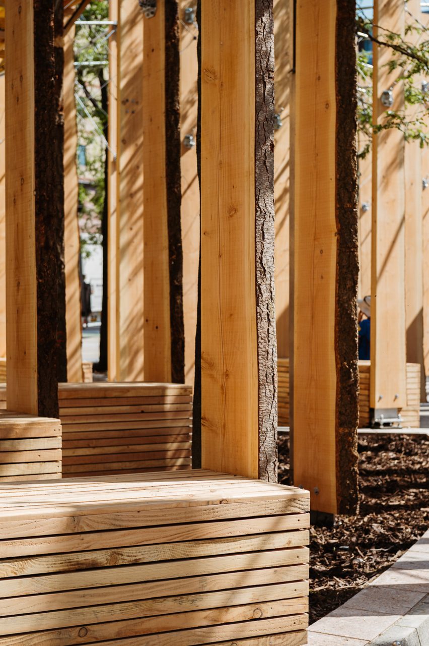 Timber seating space Leeds City Square installation