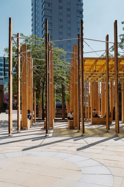 Steel rods connecting timber in Making A Stand installation