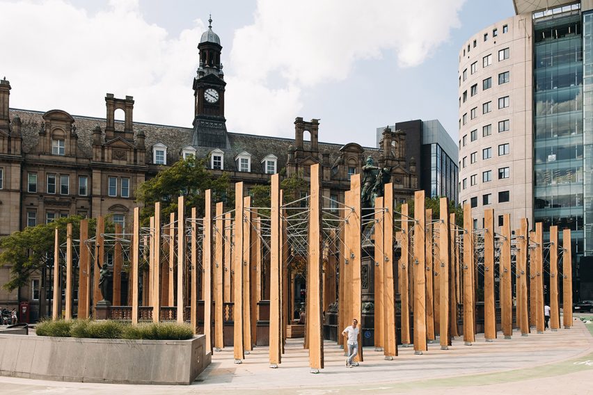 Wide shot of 127 timber fins standing in Leeds for temporary installation