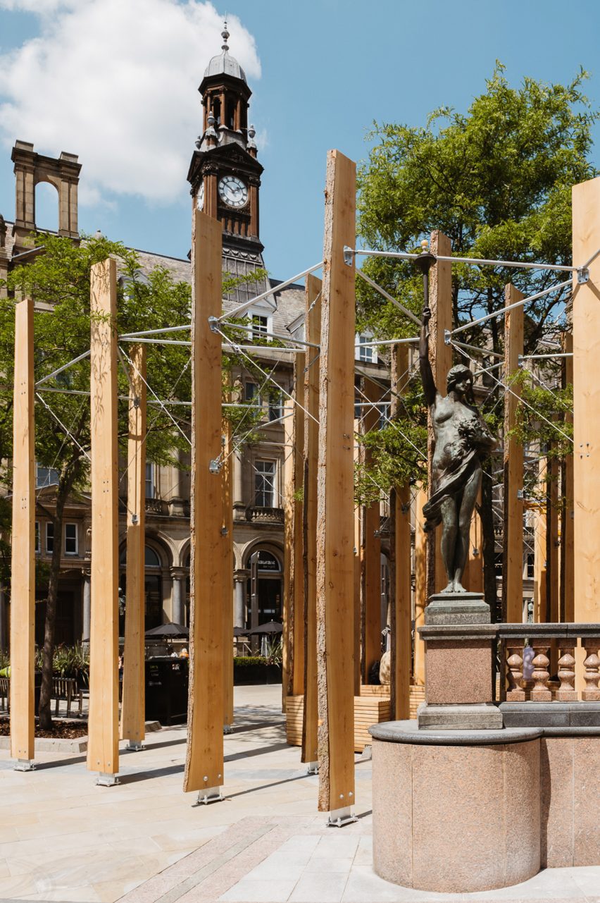 Studio Bark installation next to sculpture in Leeds City Square