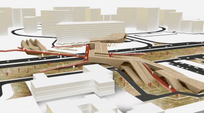 Visualisation of educational and cultural facility exterior shown in its site