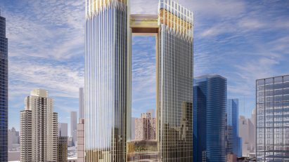 Two towers connected by an enclosed walkway in New York