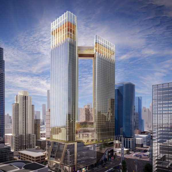 Two towers connected by an enclosed walkway in New York
