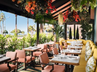 Shaded dining terrace surrounded by foliage