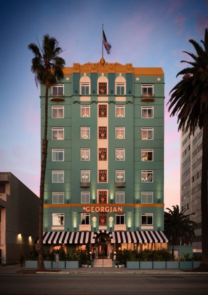 Night view of the hotel's front facade