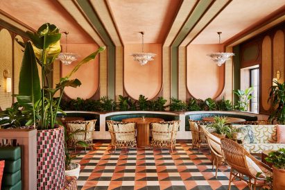 Art deco-influenced rooftop bar with geometric floor tiles