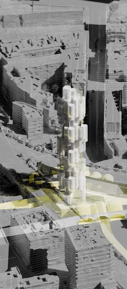 Render of a vertical winery and civic space
