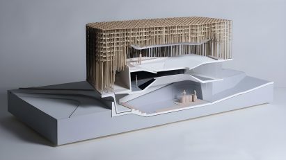 Architectural model of a racing car exhibition building