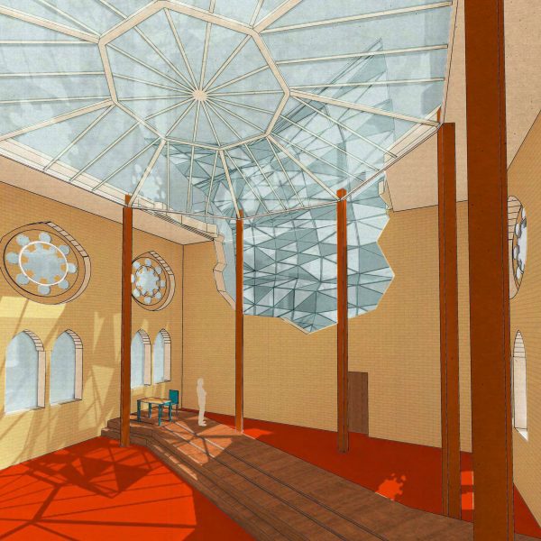 Perspective visualisation of building interior with a large rooflight
