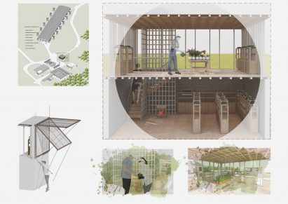 Board with architectural drawings and perspective views of a farm facility