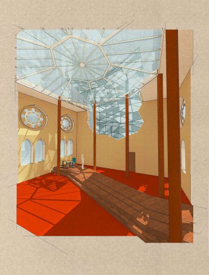 Perspective visualisation of building interior with a large rooflight