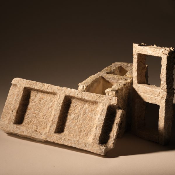 Photograph of material made from mycelium on beige backdrop
