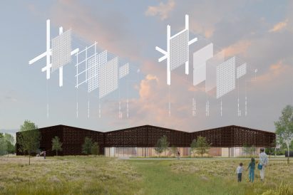 Rendering of long, low building