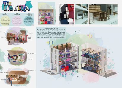 Board showing multiple architectural drawings and perspective renders of building interior with descriptive text