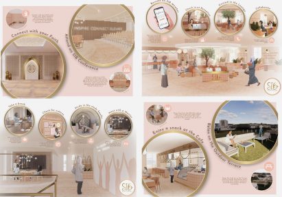 Board showing multiple perspective renders of building interior with descriptive text