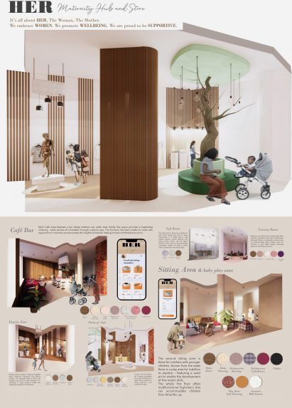 Board showing multiple perspective renders and material choices of a maternity hub with descriptive text